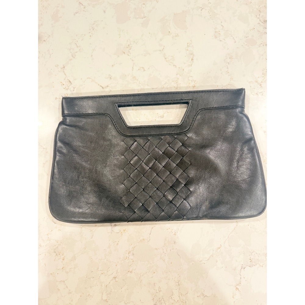New York‎ & Company Black Woven Faux Leather Cutout Handle Clutch Bag